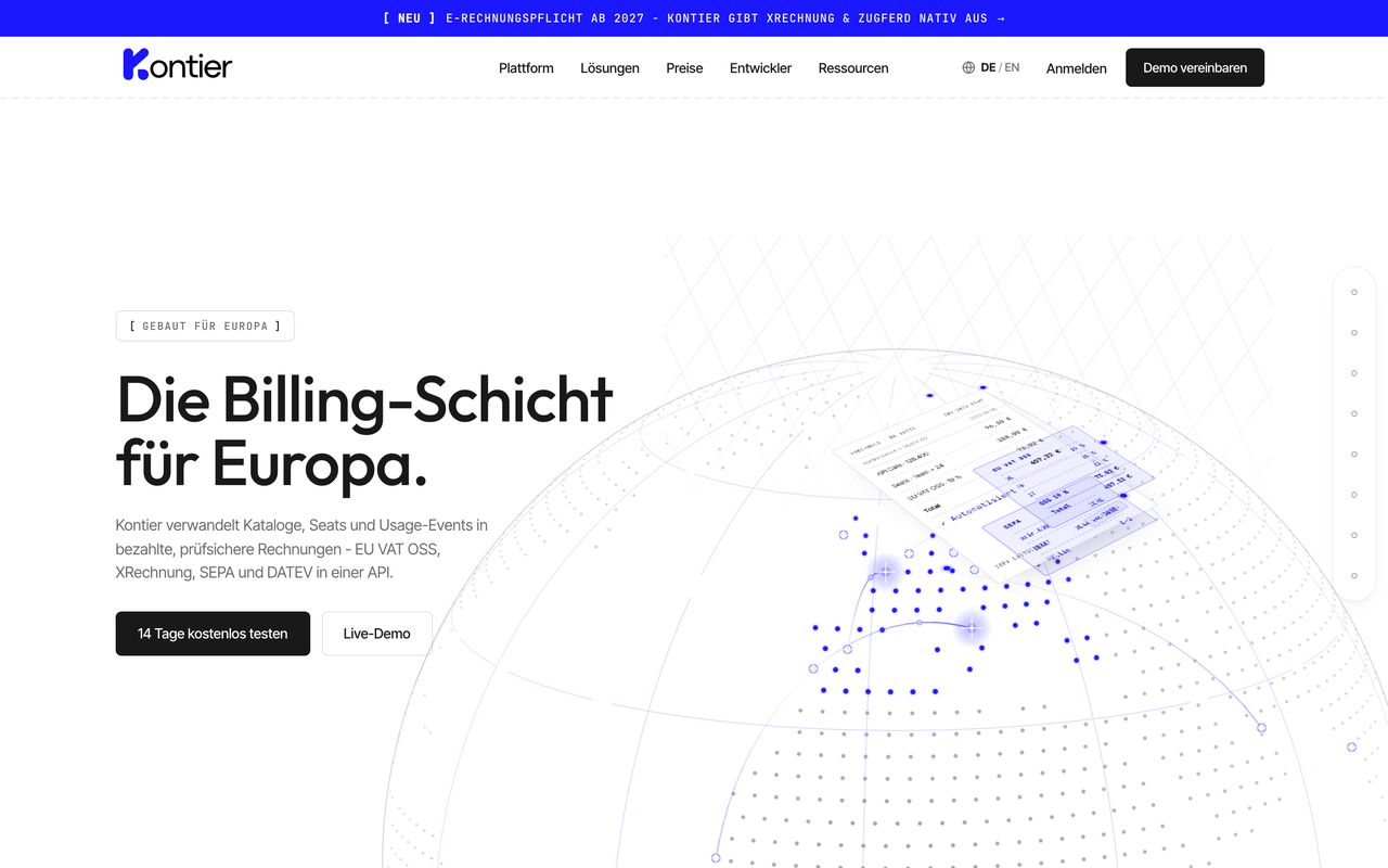 Startseite von kontier.eu: „Die Billing-Schicht für Europa“ mit einer isometrischen Rechnung über einem Globus